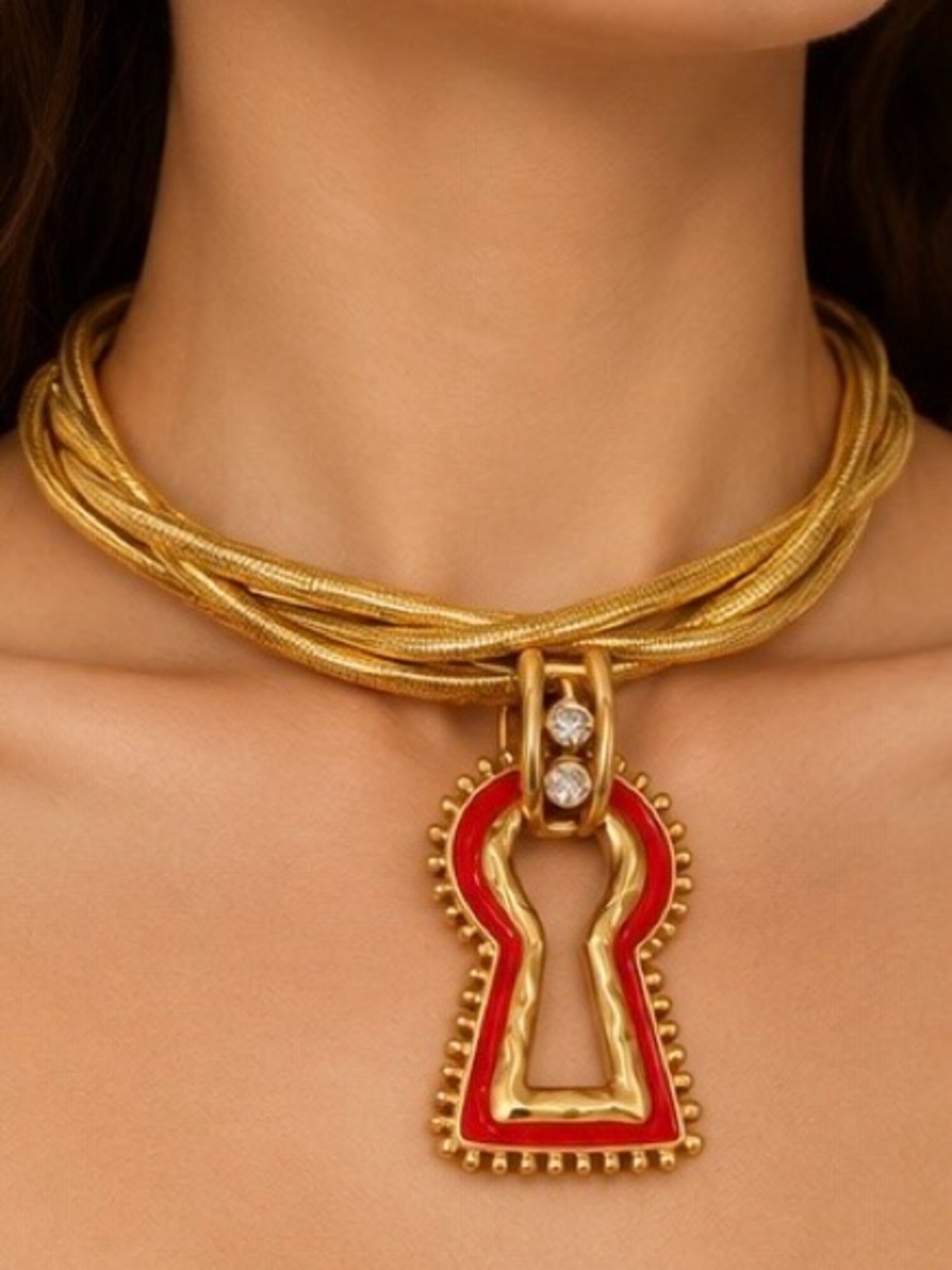 Gold Tone Red Keyhole Pendant Statement Necklace Multi Strand Glam Jewelry